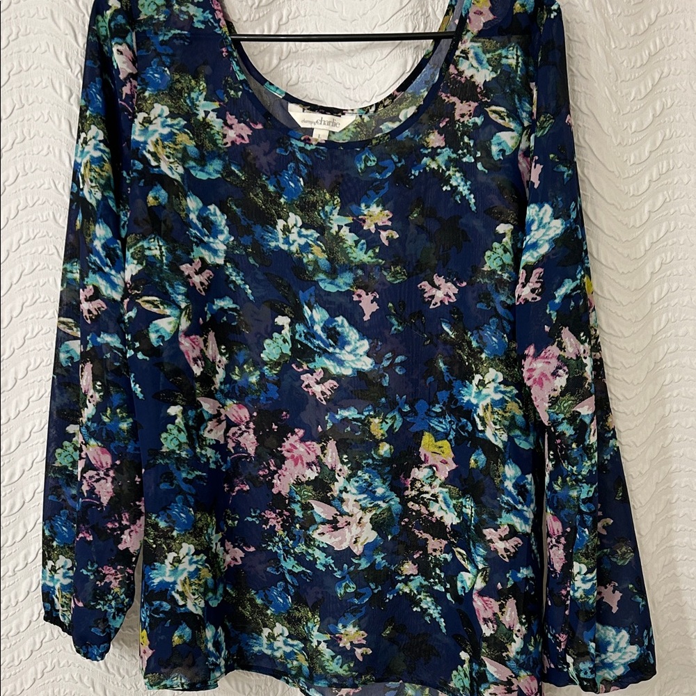 Charming Charlie Navy Floral Long-Sleeve Top